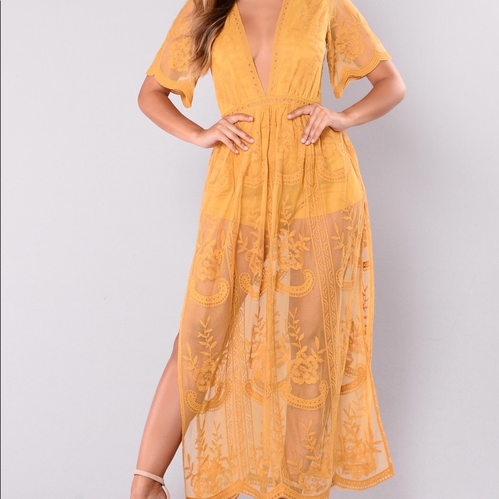 Mustard split side dress with lacing detail